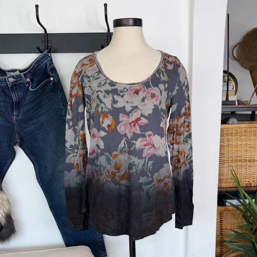 Anthropologie • pure + good Floral Long Sleeve Top - Gray and Orange